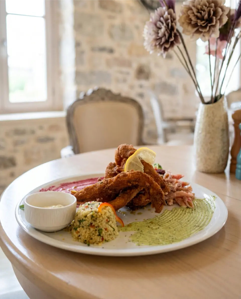 Fried seafood with couscous and sauces at Medusa