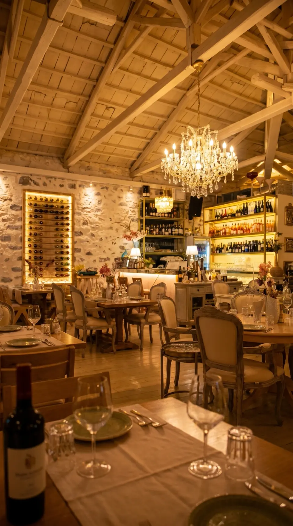 Evening dining room and wine cellar shelves at Medusa