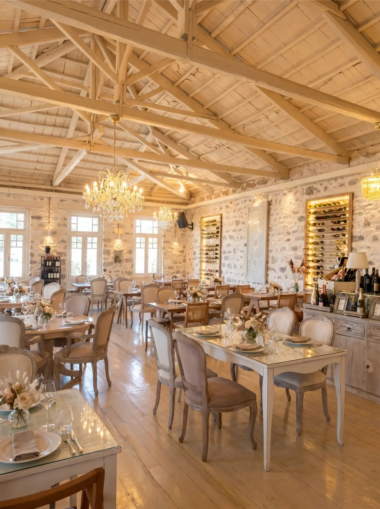 The Medusa dining room with chandeliers, cellar walls and set tables