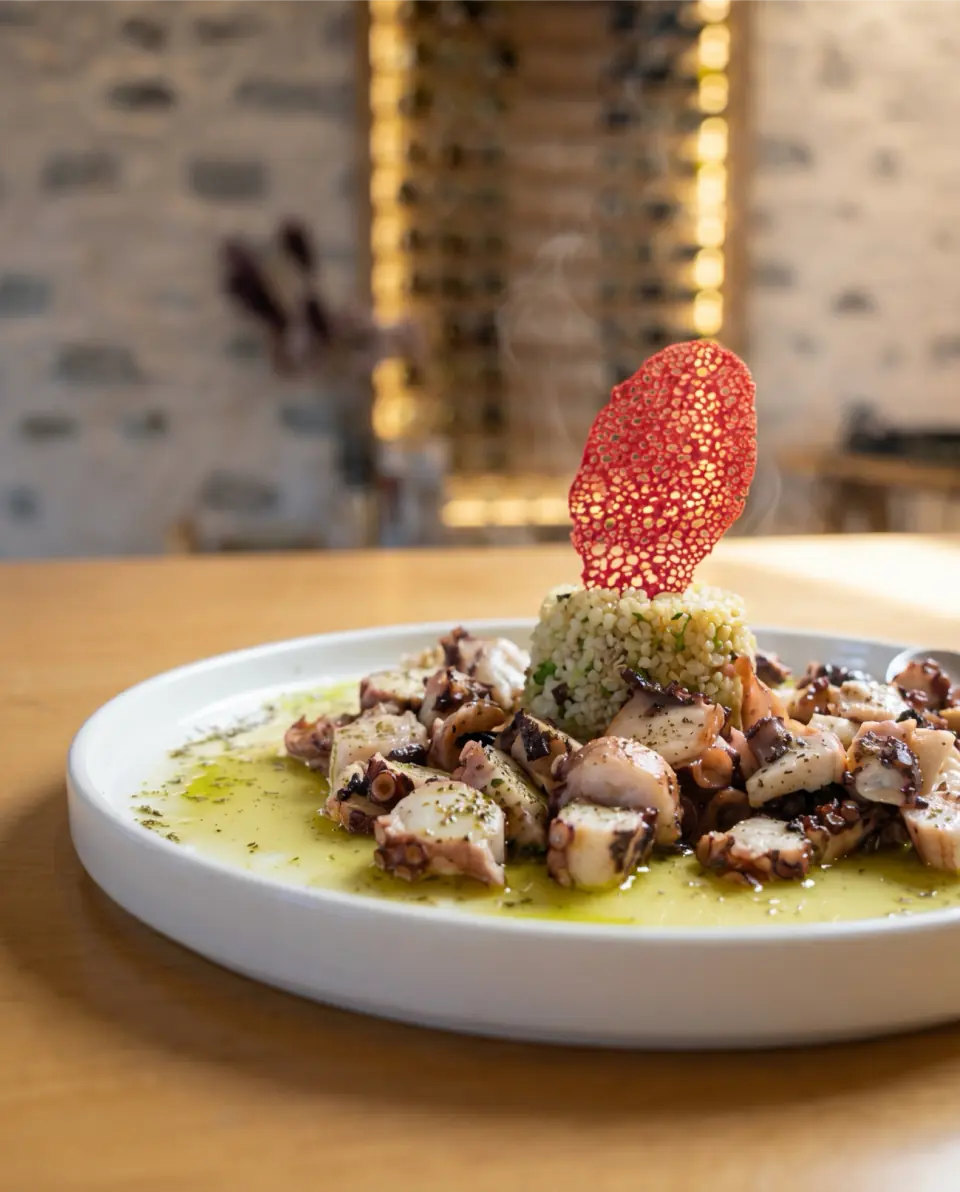 Octopus plate with couscous and herb oil at Medusa