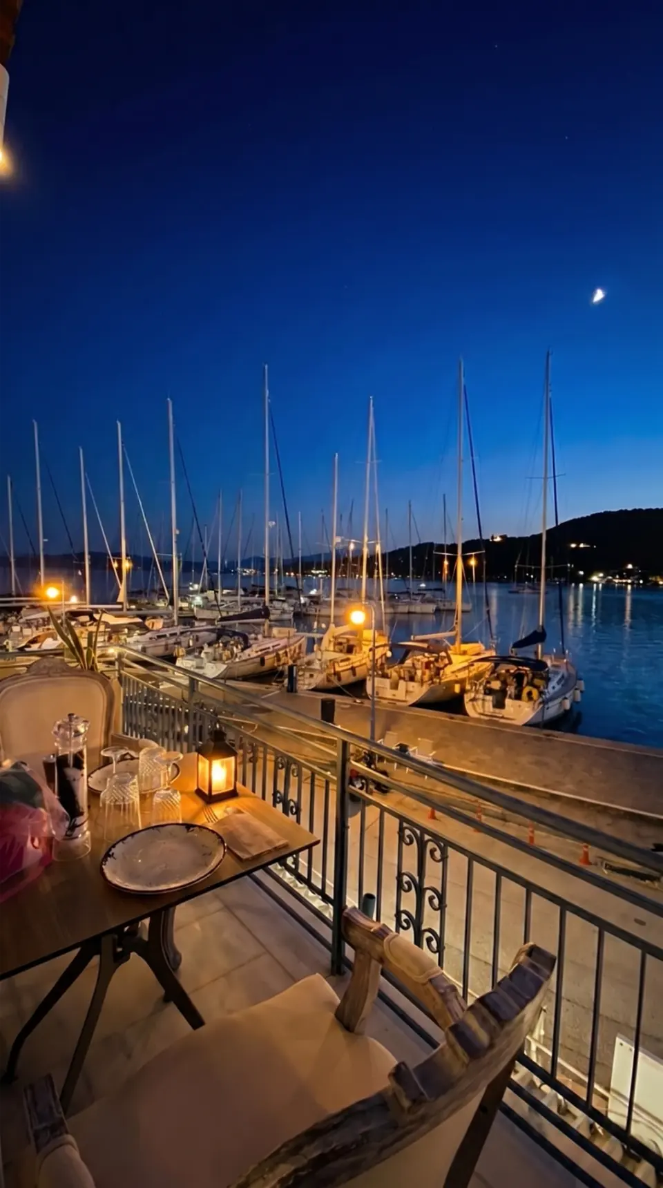 Poros harbour at blue hour from the Medusa balcony