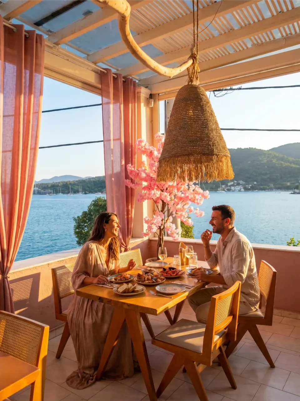 Couple dining beside the harbour-facing balcony at Medusa
