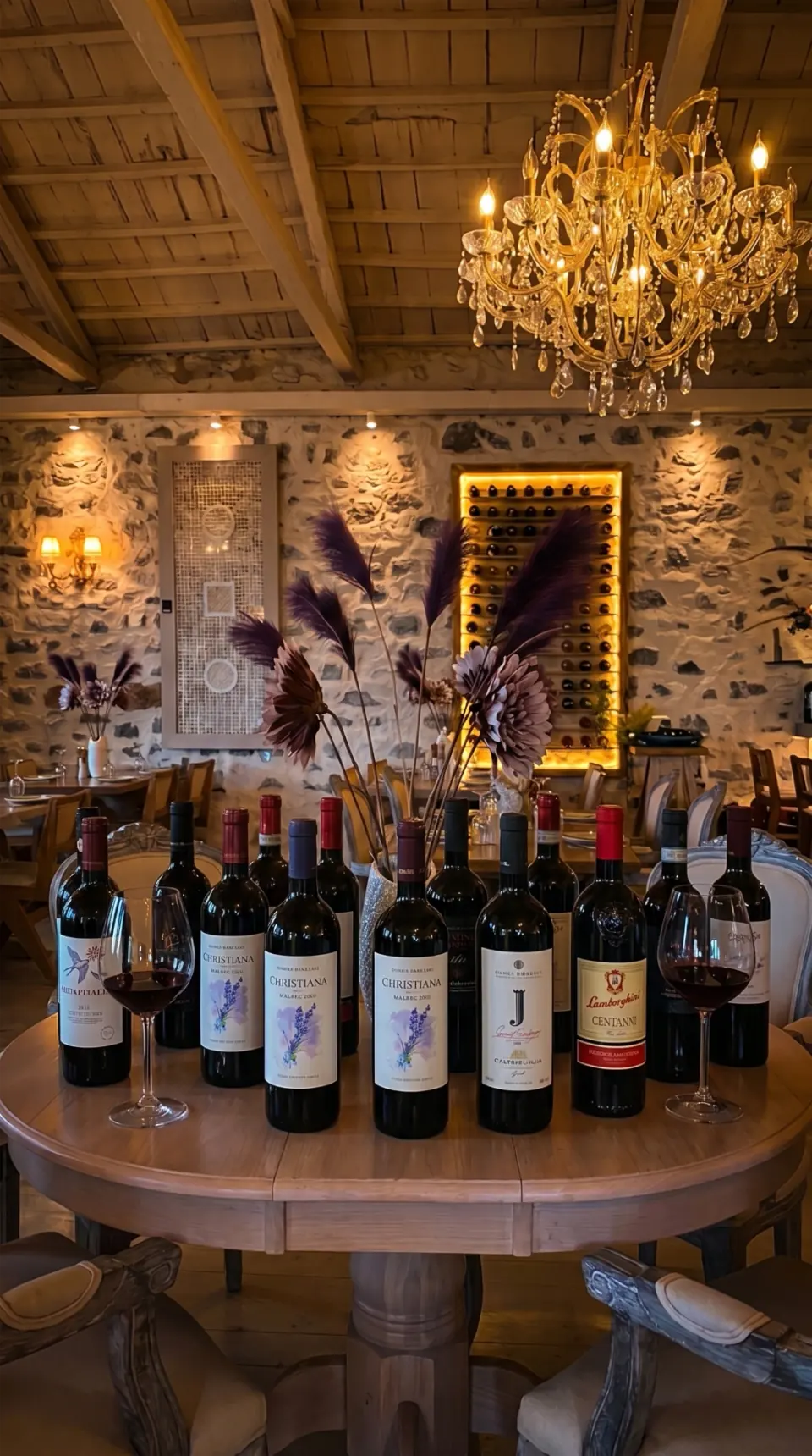 Red wine labels displayed on a Medusa dining table
